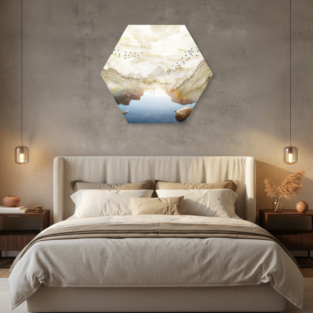 Misty Horizon — Hexagonal Watercolour Landscape Wall Art