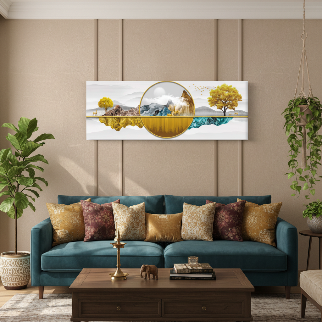 Golden Landscape & Teal Crystal — Luxury Panoramic Wall Art