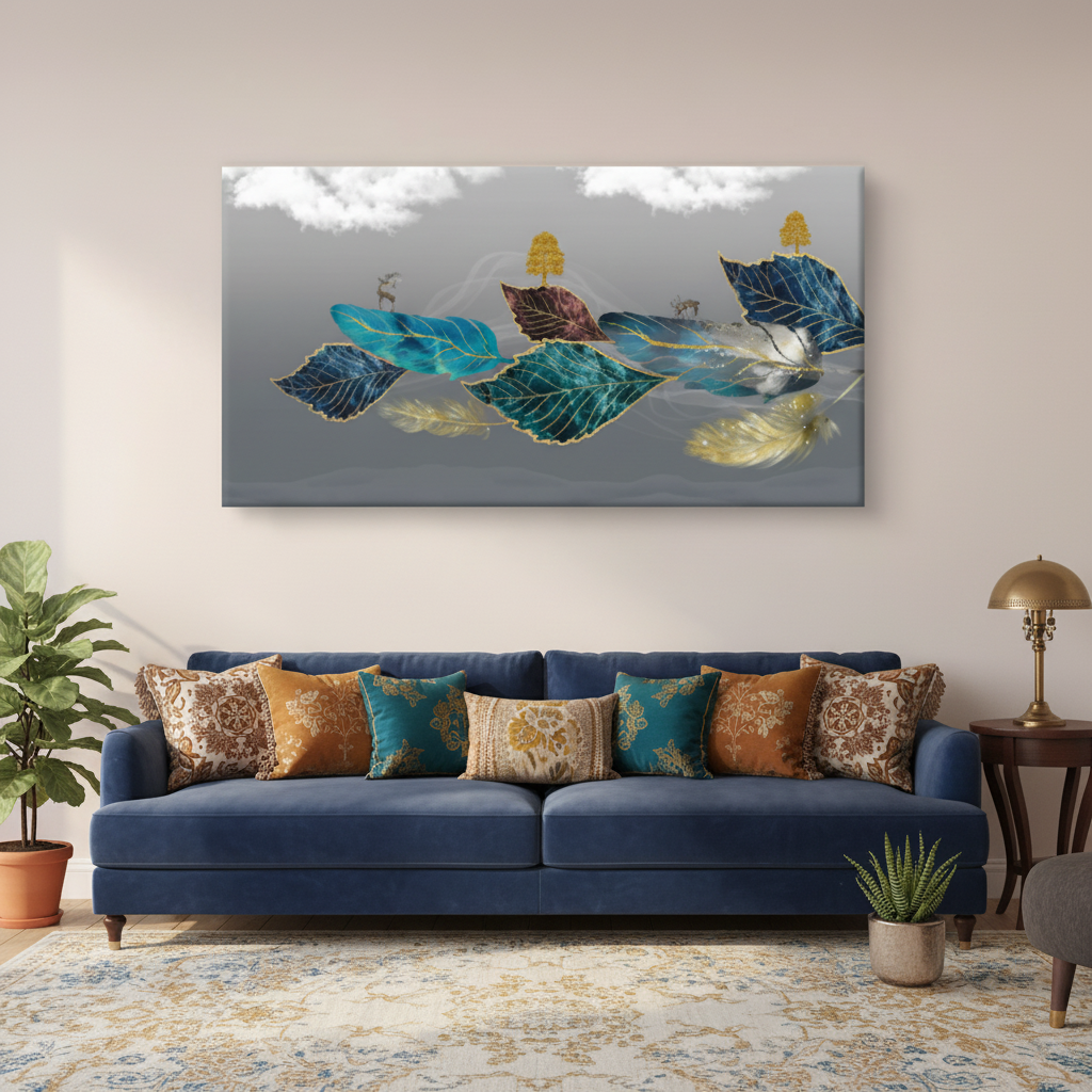 Drifting Leaves — Ethereal Teal & Gold Wall Art
