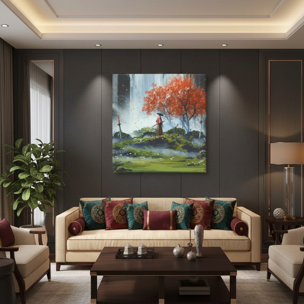 Crimson Solitude — Fantasy Autumn Landscape Wall Art
