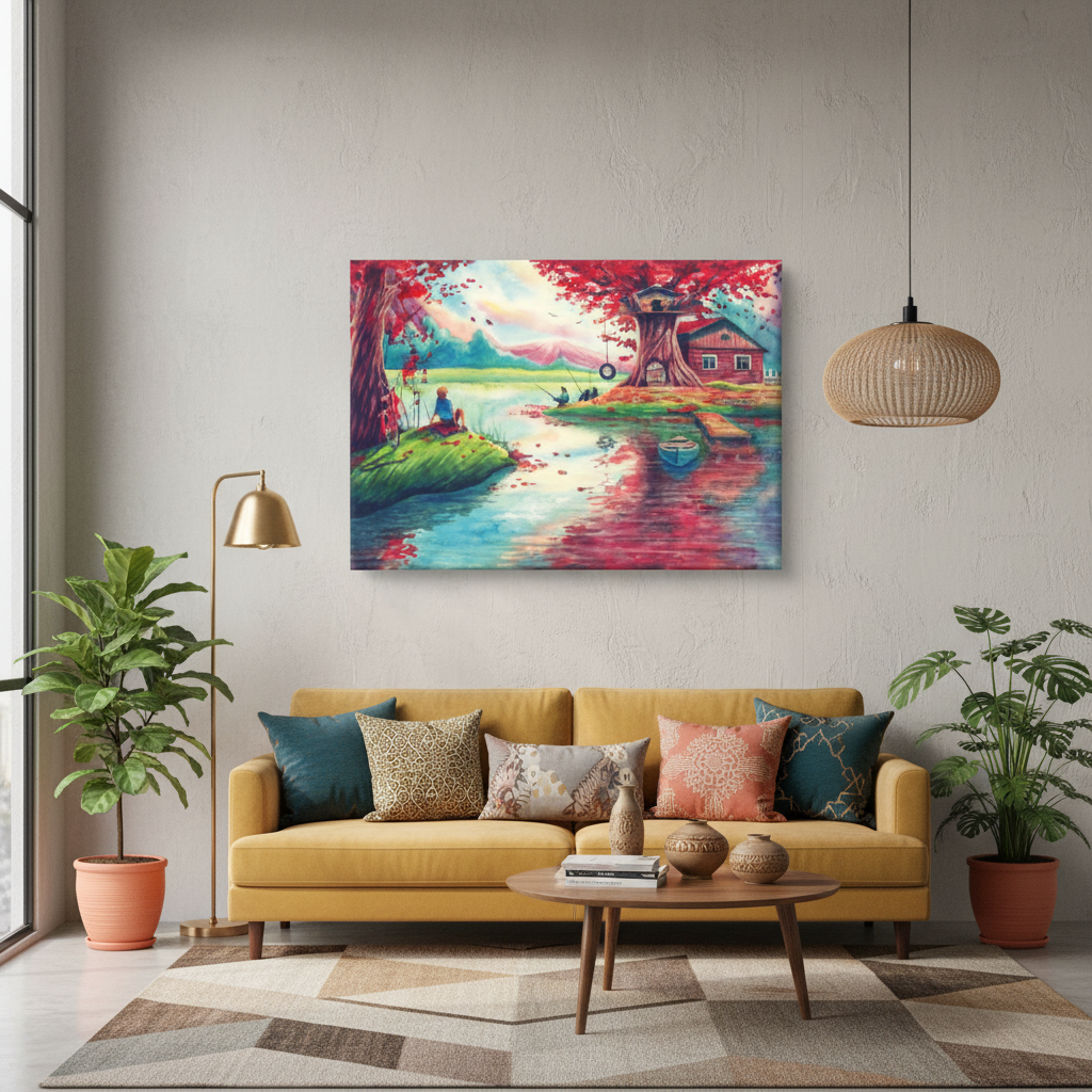 Riverside Reverie — Serene Watercolour Landscape Wall Art