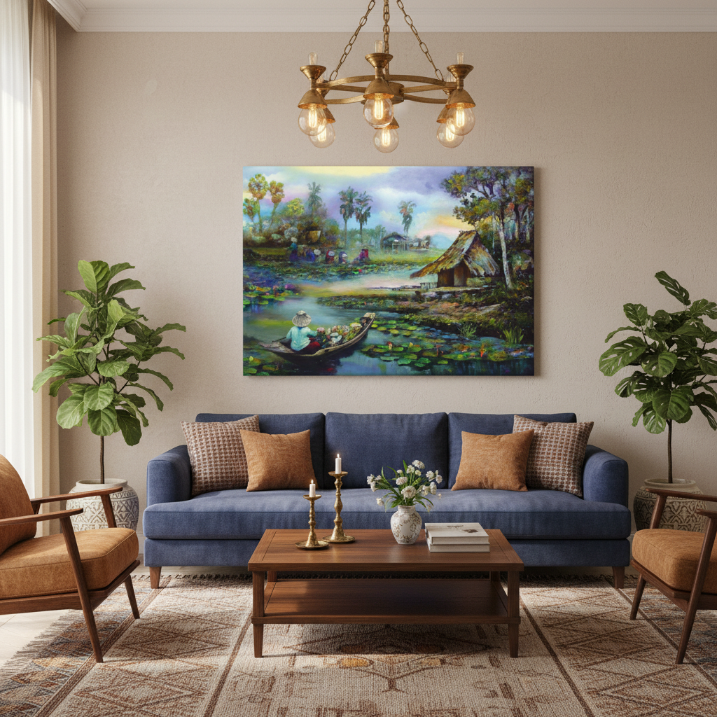 Lotus Village — Serene Pond & Boat Wall Art