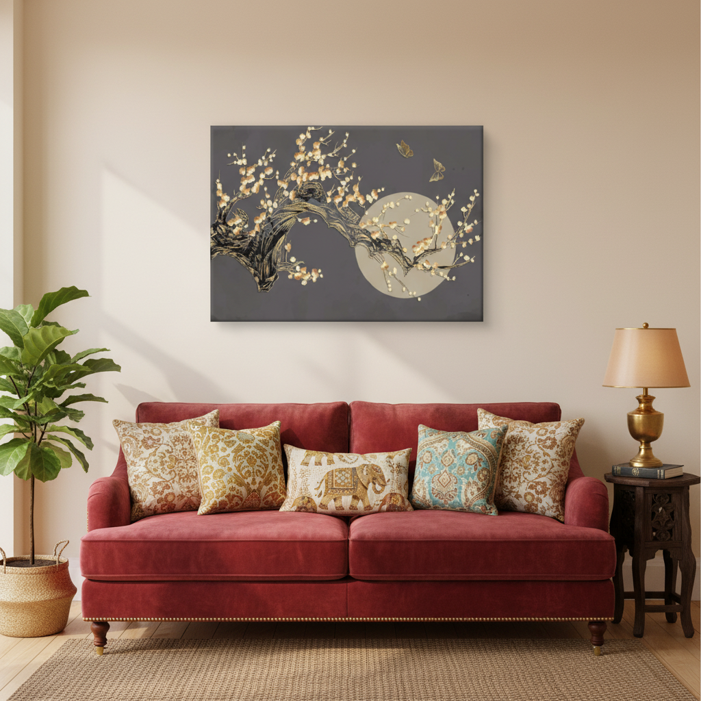 Moonlit Blossom & Golden Birds — Dark Luxury Wall Art