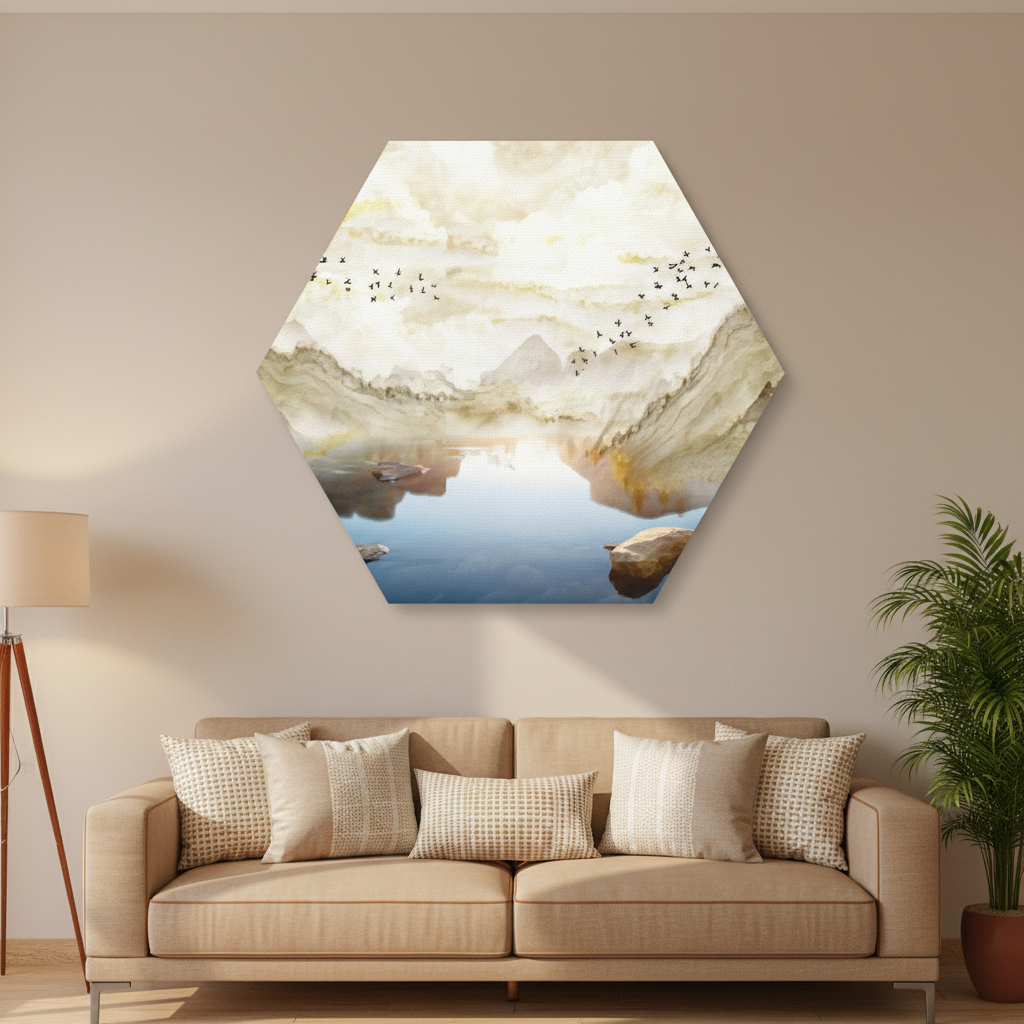 Misty Horizon — Hexagonal Watercolour Landscape Wall Art