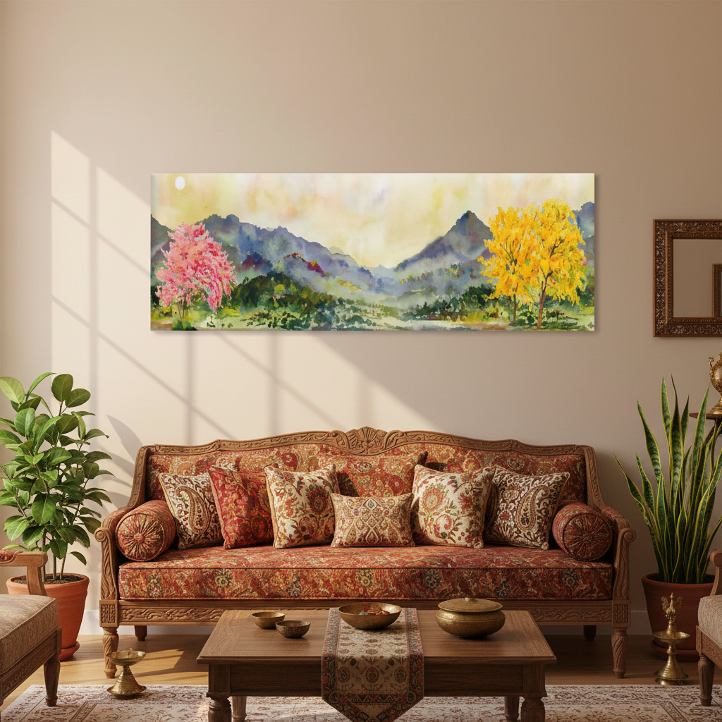 Blossom Valley — Watercolour Mountain Landscape Wall Art
