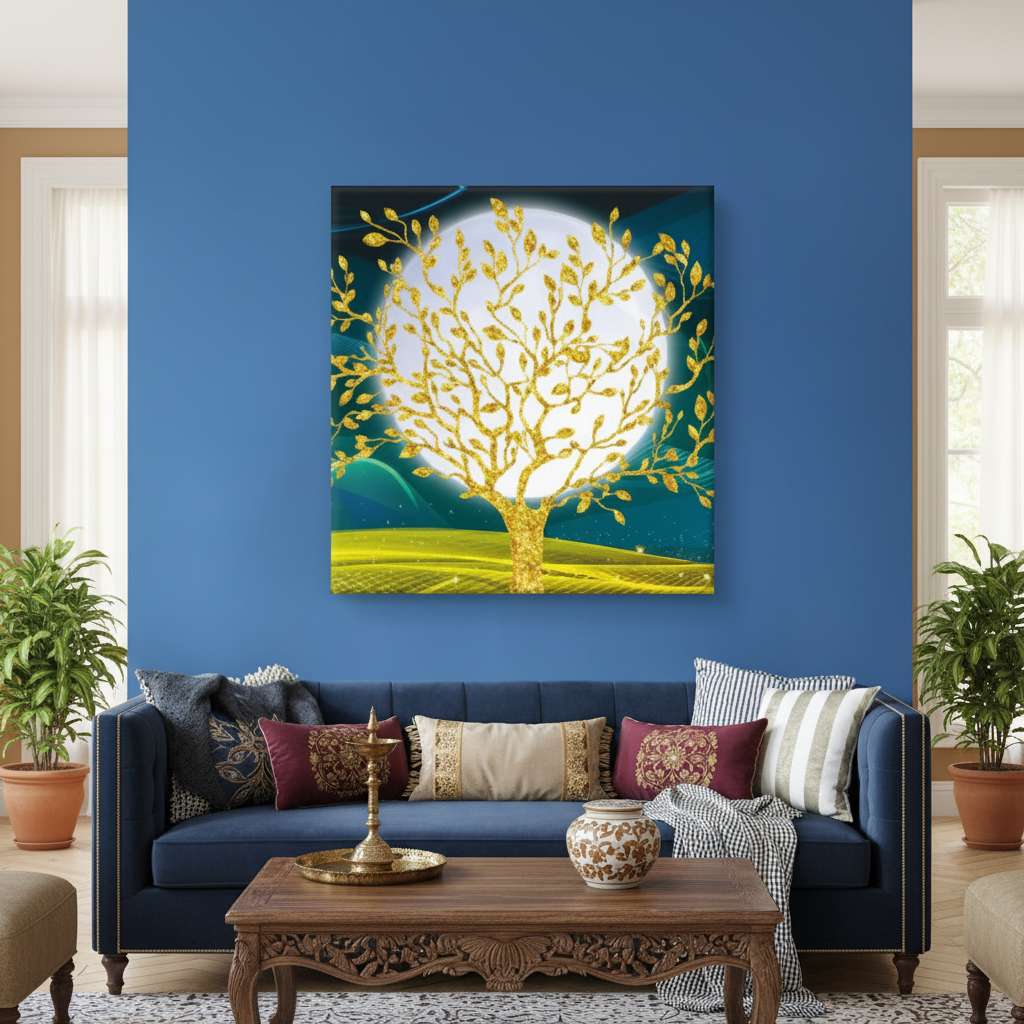 Golden Moon Tree — Teal Luxury Wall Art