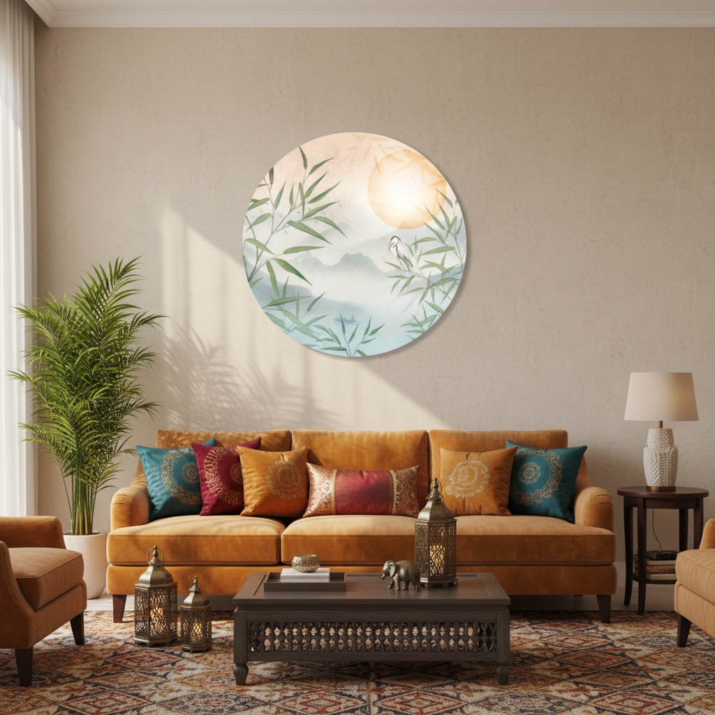 Bamboo Mist & Egret — Circular Asian Wall Art