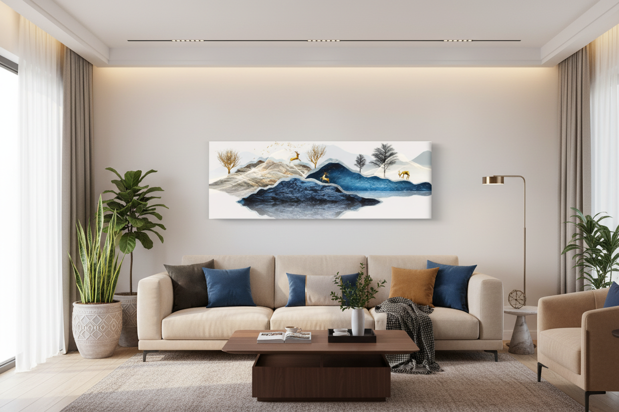 Golden Deer Zen — Chinese Ink Landscape Panoramic Wall Art