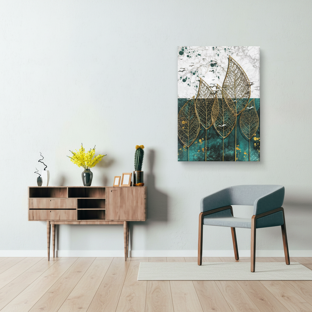 Golden Filigree Leaves on Marble & Teal — Single Panel Portrait Canvas Wall Art