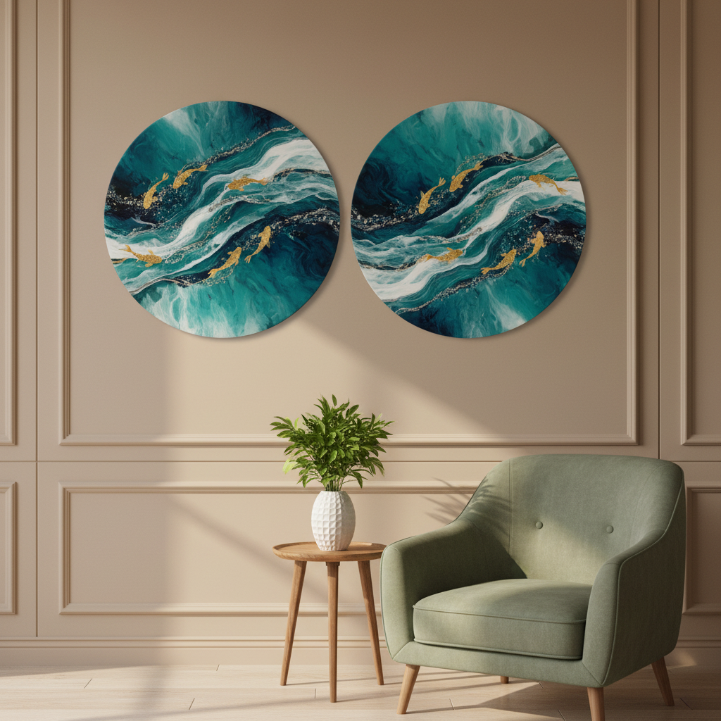 Teal Ocean Wave Koi Diptych Circular Wall Art Set