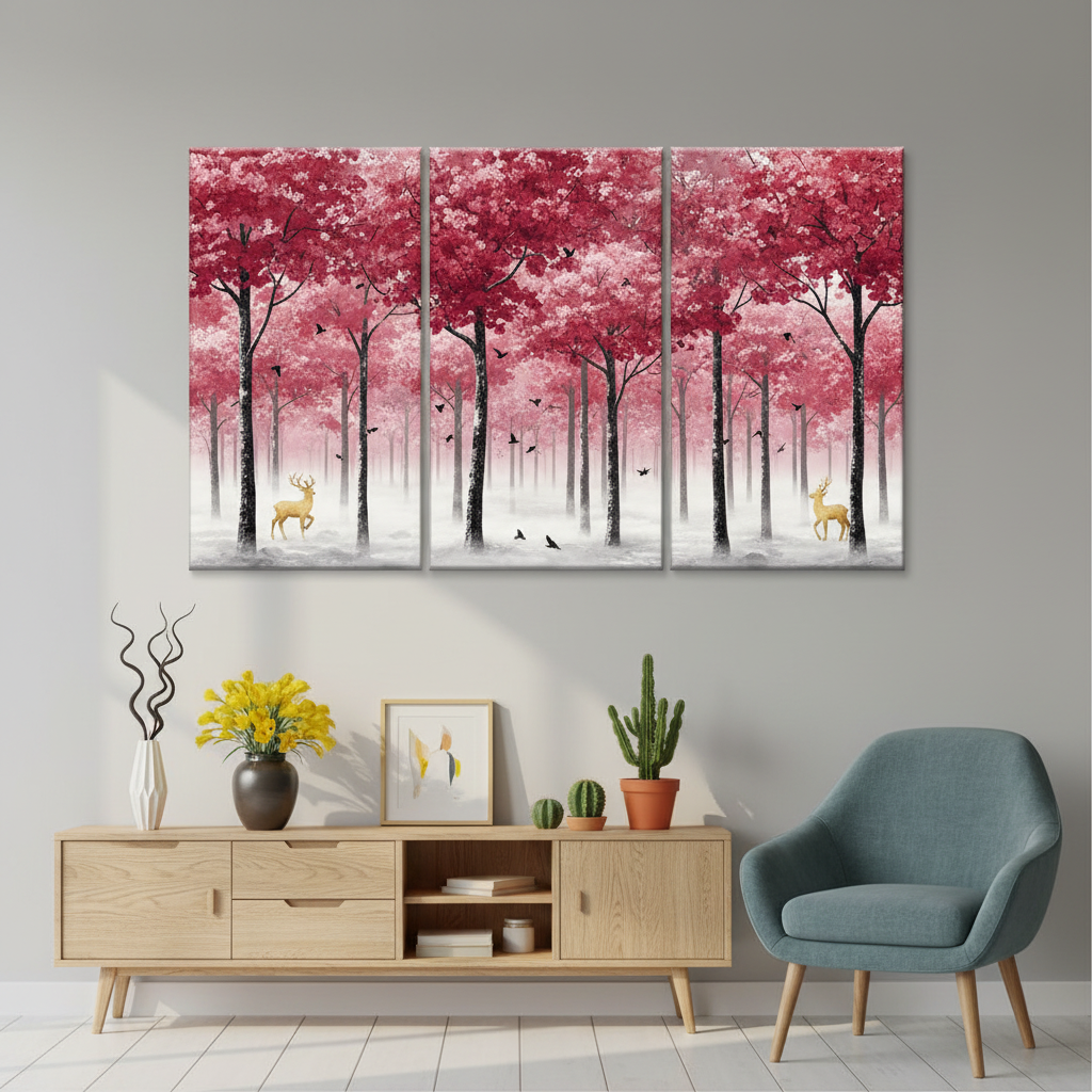 Pink Cherry Blossom Forest Deer Triptych Wall Art