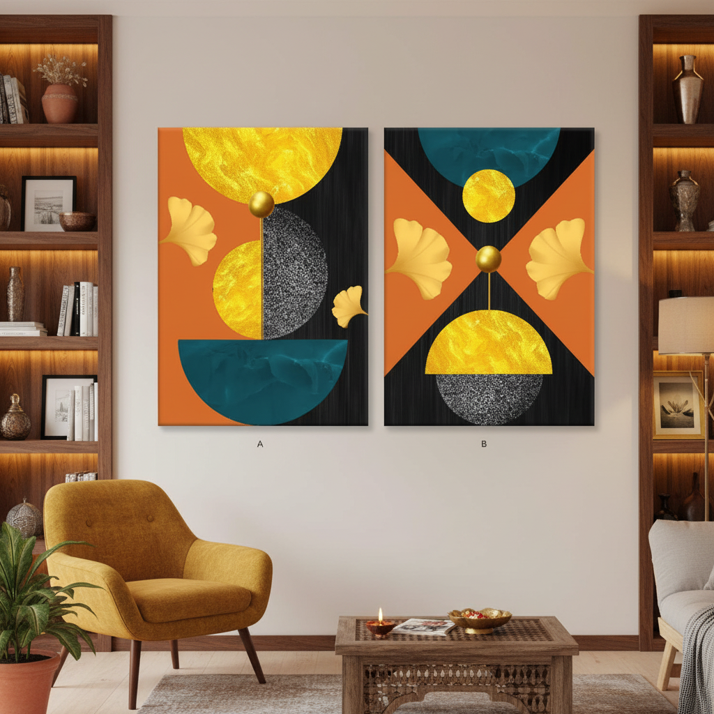 Golden Orbit Geometric Diptych Wall Art