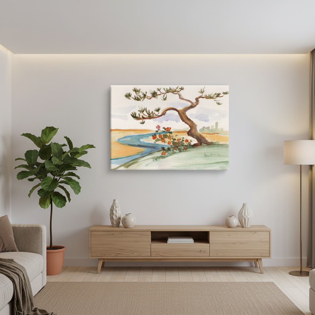 Riverside Reverie – Watercolor Landscape Wall Art