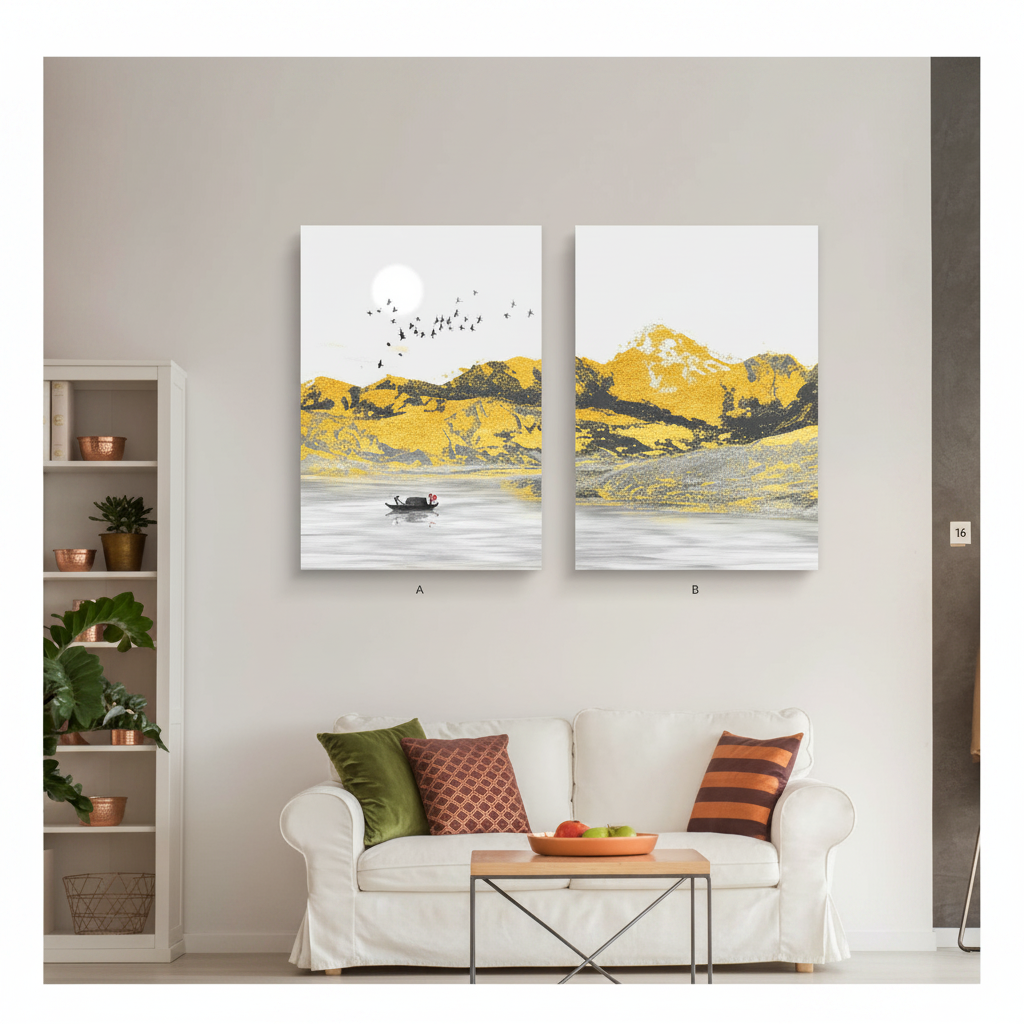 Golden Mountain Lake Diptych Wall Art Set