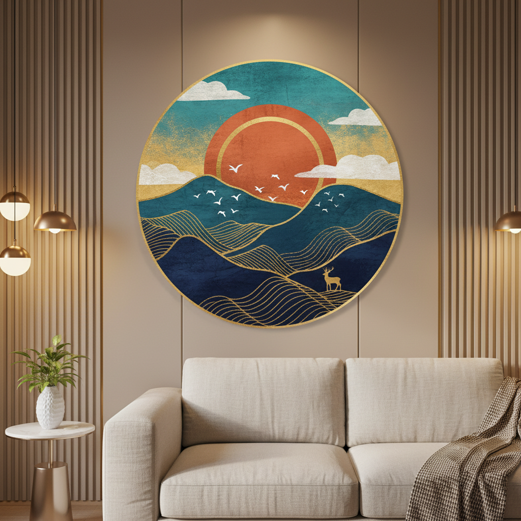 Teal & Gold Abstract Crane Circular Wall Art