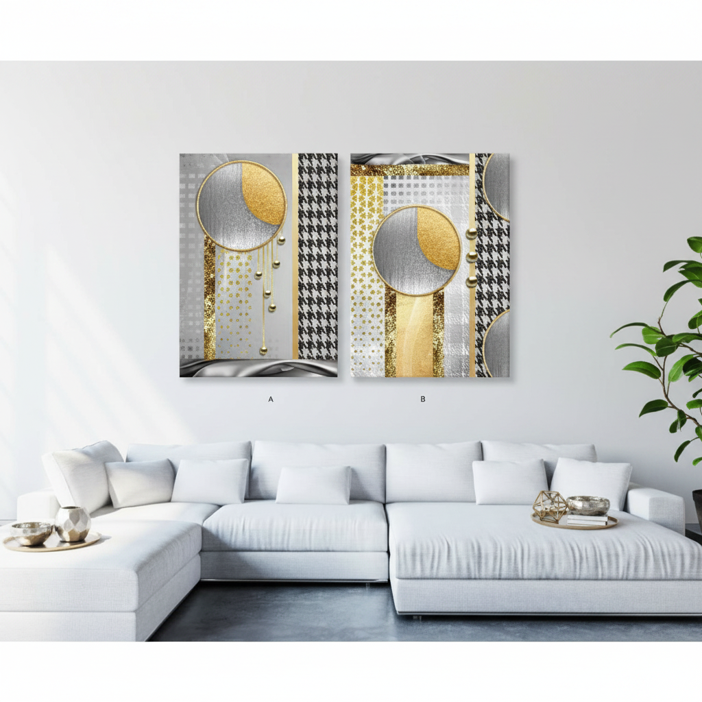 Golden Circle & Houndstooth Glam — Abstract Luxury Diptych | Set of 2 Framed Wall Art