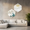 Peacock in the Mountains & Mandala Sky | Set of 2 Hexagon Canvas Wall Art