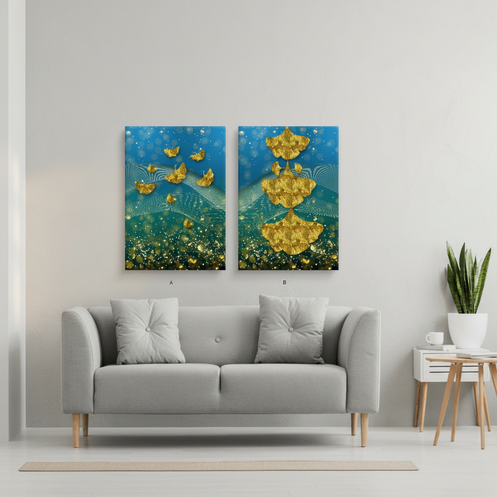 Golden Ginkgo Leaves in Teal Bokeh — Botanical Diptych | Set of 2 Framed Wall Art