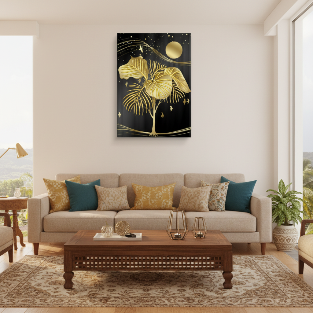 Golden Tropical Leaves & Moonlit Night — Single Panel Portrait Canvas Wall Art