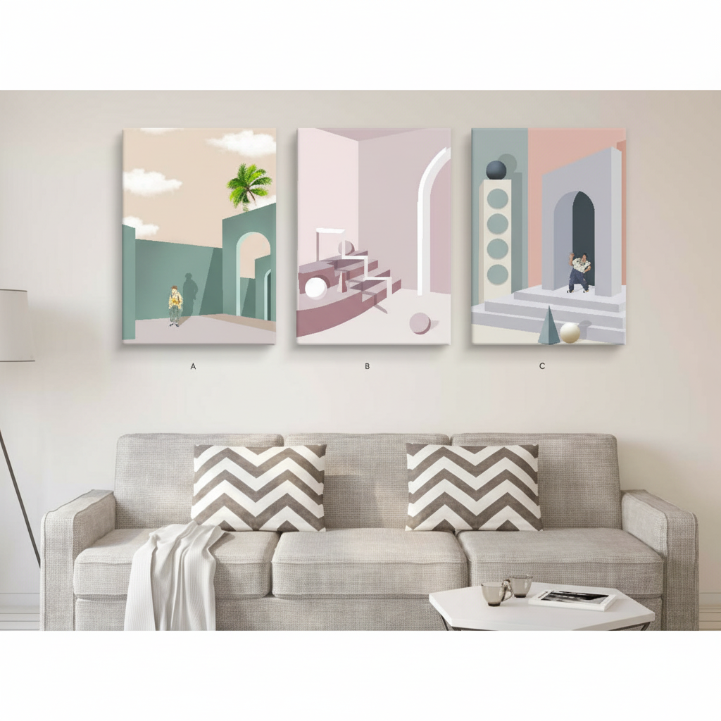 Pastel Architectural Dreamscapes — Minimalist Triptych | Set of 3 Framed Wall Art