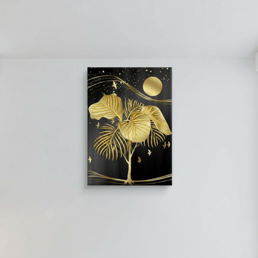 Golden Tropical Leaves & Moonlit Night — Single Panel Portrait Canvas Wall Art