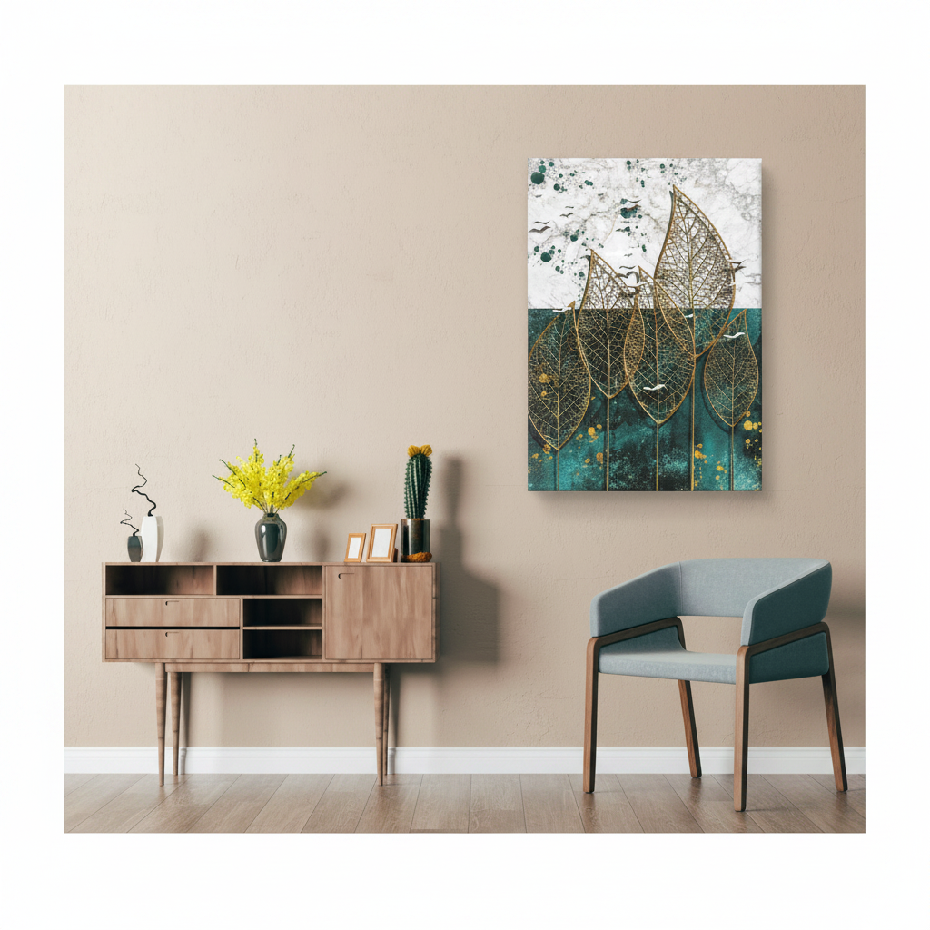 Golden Filigree Leaves on Marble & Teal — Single Panel Portrait Canvas Wall Art
