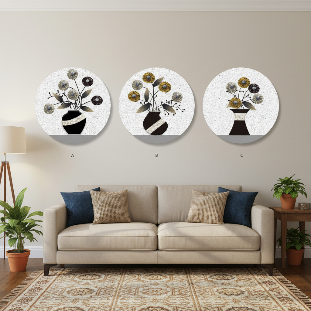 Abstract Floral Vase Triptych Circular Wall Art Set