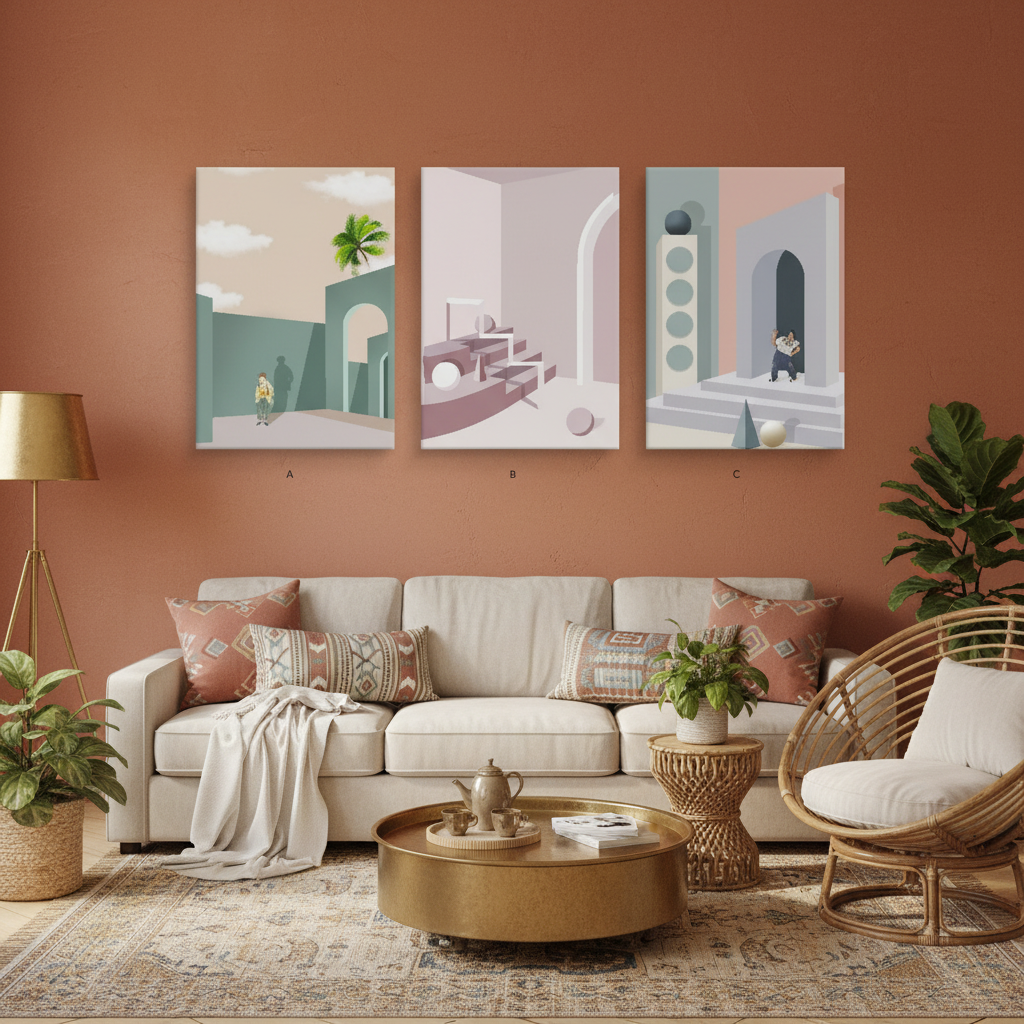Pastel Architectural Dreamscapes — Minimalist Triptych | Set of 3 Framed Wall Art