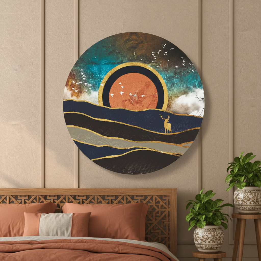 Teal & Gold Abstract Crane Circular Wall Art