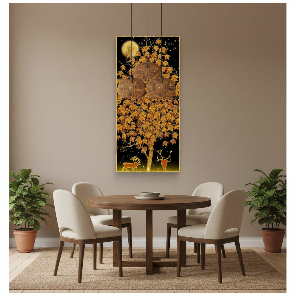 Golden Autumn Tree & Deer Night Wall Art
