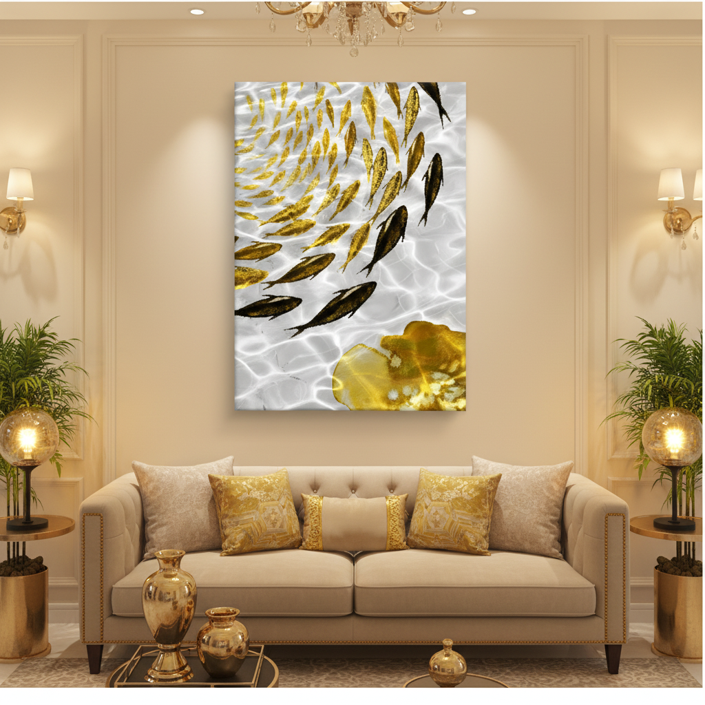 Golden Fish & Lotus — Feng Shui Prosperity | Single Panel Portrait Canvas Wall Art