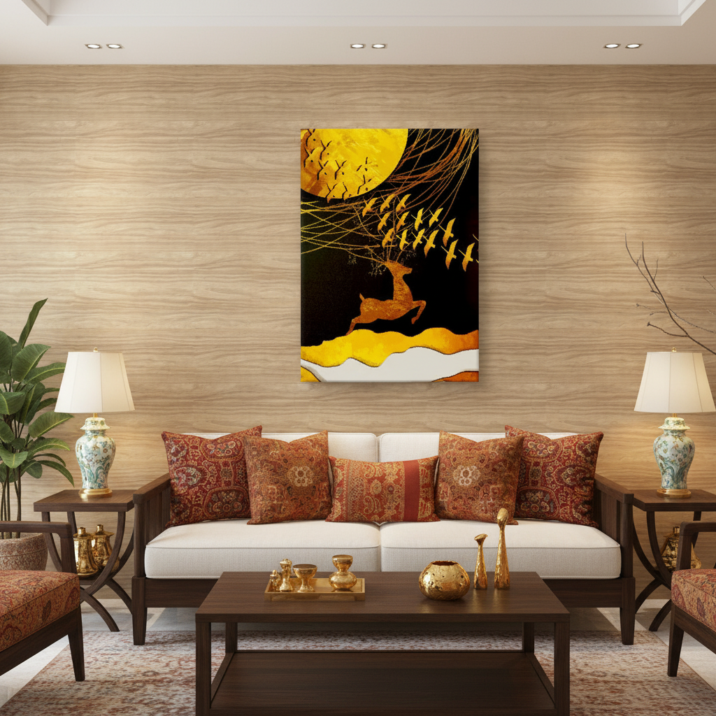 Golden Leaping Deer & Moonlit Birds — Single Panel Portrait Canvas Wall Art