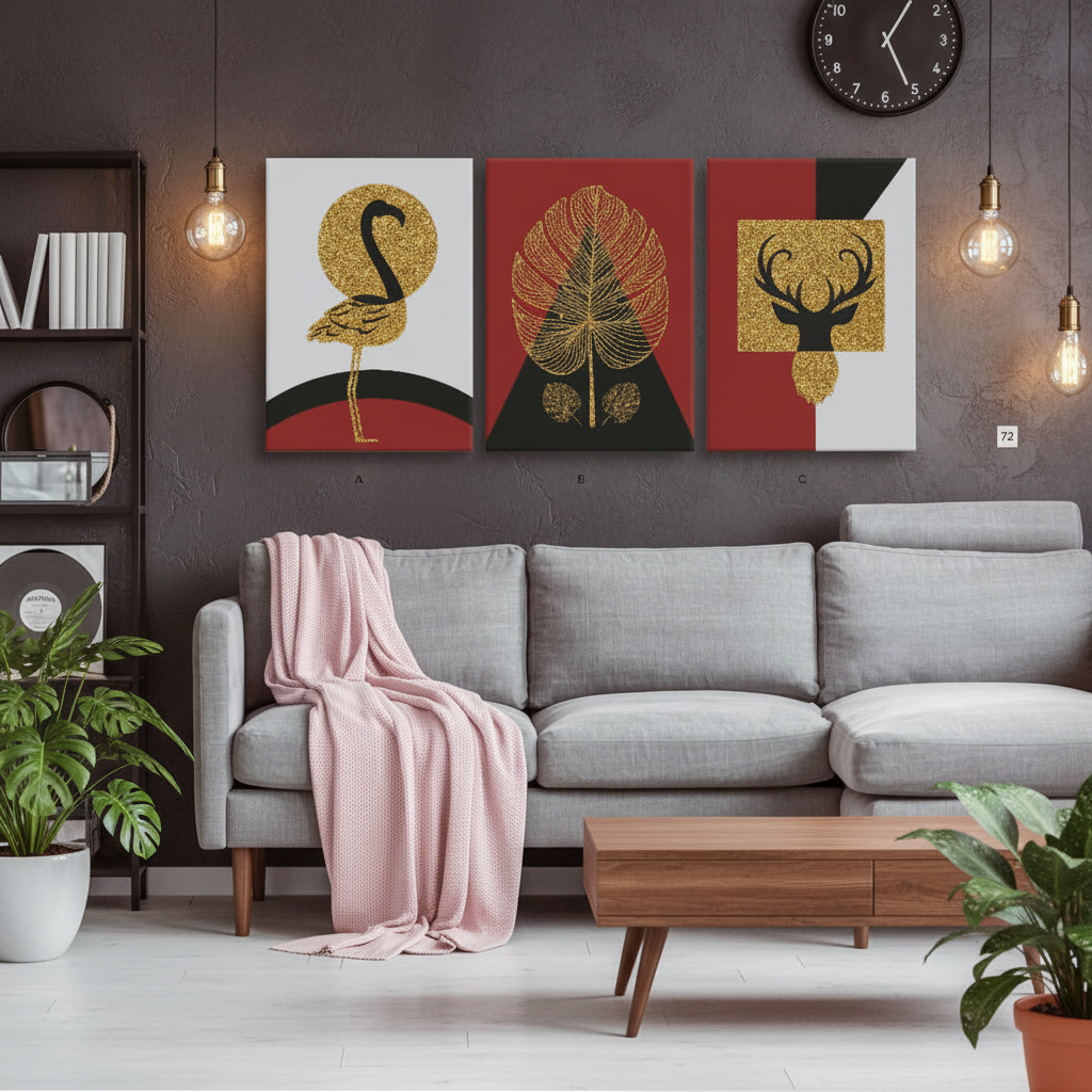 Golden Flamingo, Leaf & Deer — Geometric Triptych | Set of 3 Framed Wall Art