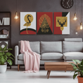 Golden Flamingo, Leaf & Deer — Geometric Triptych | Set of 3 Framed Wall Art