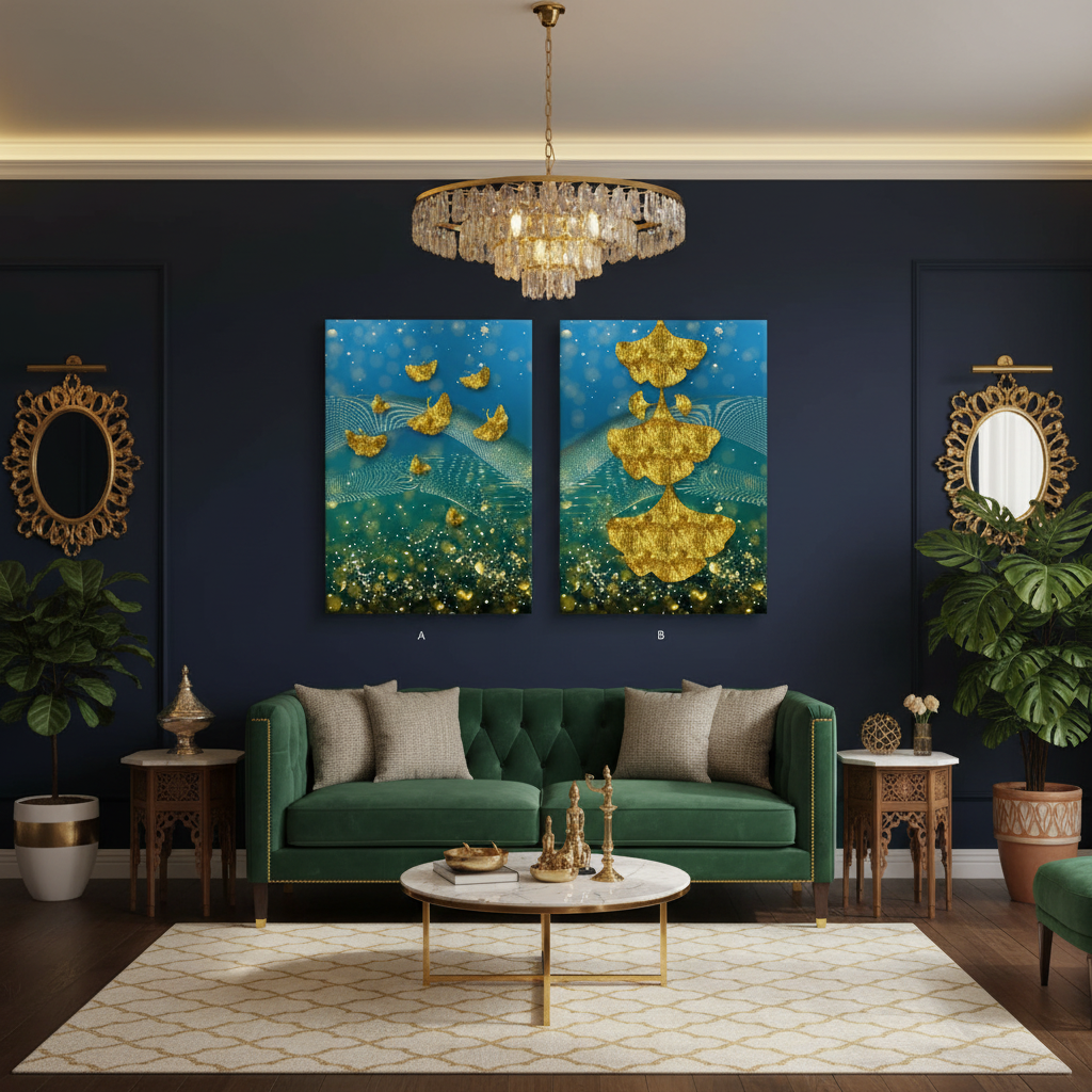 Golden Ginkgo Leaves in Teal Bokeh — Botanical Diptych | Set of 2 Framed Wall Art