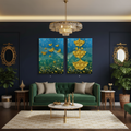 Golden Ginkgo Leaves in Teal Bokeh — Botanical Diptych | Set of 2 Framed Wall Art