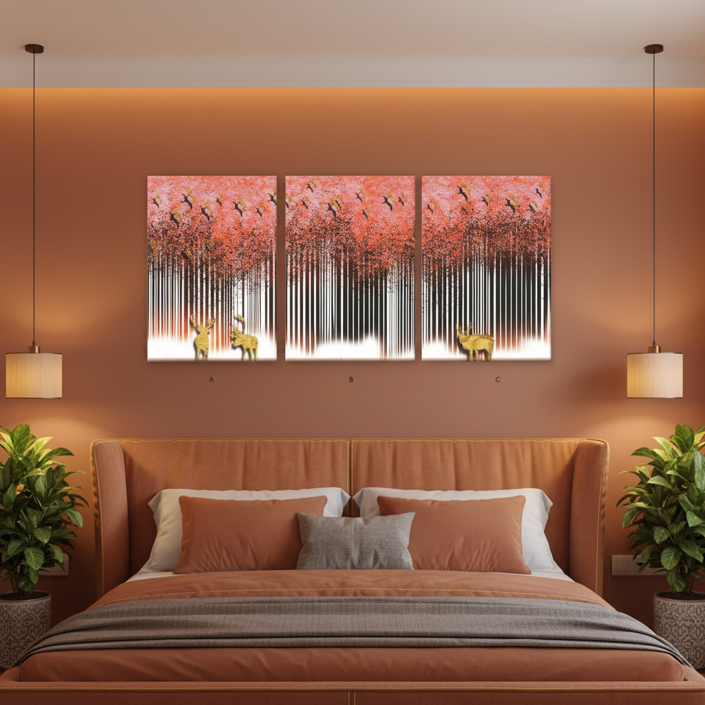 Pink Cherry Blossom Forest Deer Triptych Wall Art