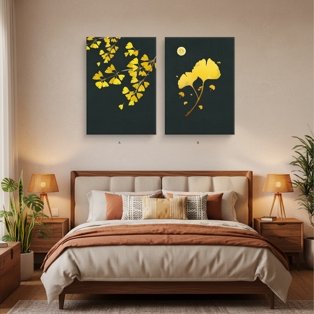 Golden Ginkgo Leaf Diptych Wall Art Set