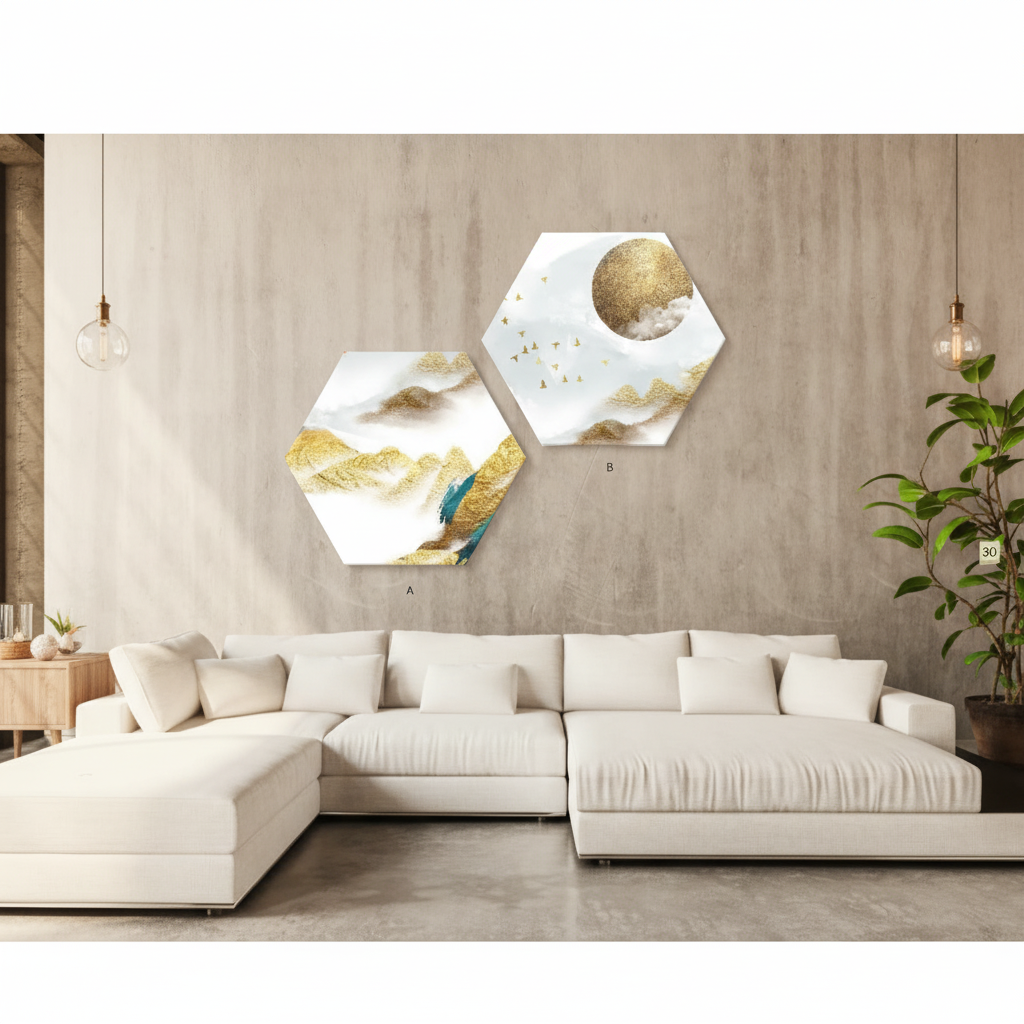 Peacock in the Mountains & Mandala Sky | Set of 2 Hexagon Canvas Wall Art