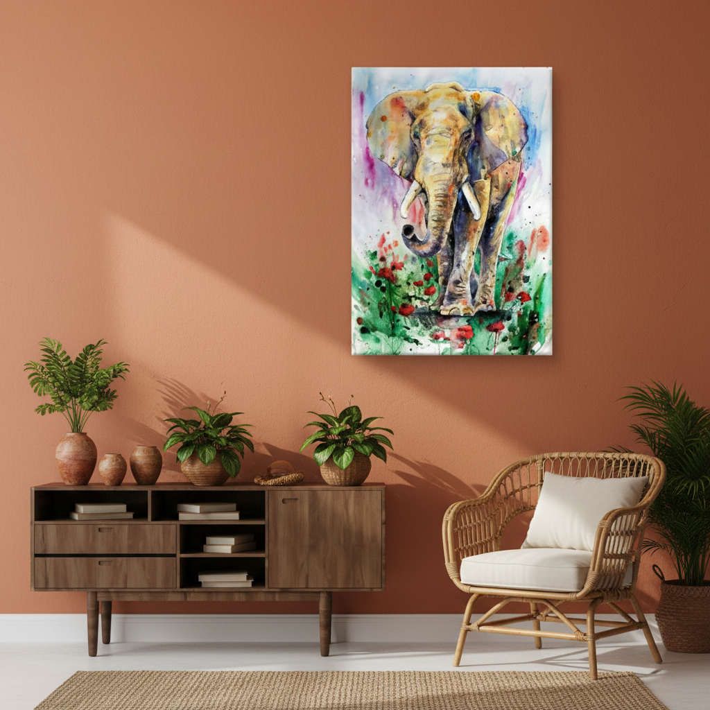 Majestic Elephant in Watercolour Bloom — Single Panel Portrait Canvas Wall Art