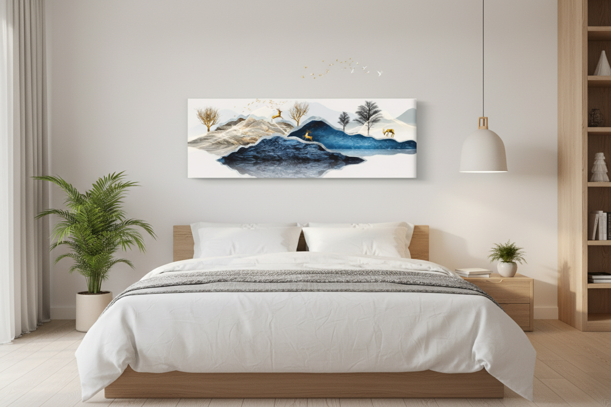 Golden Deer Zen — Chinese Ink Landscape Panoramic Wall Art