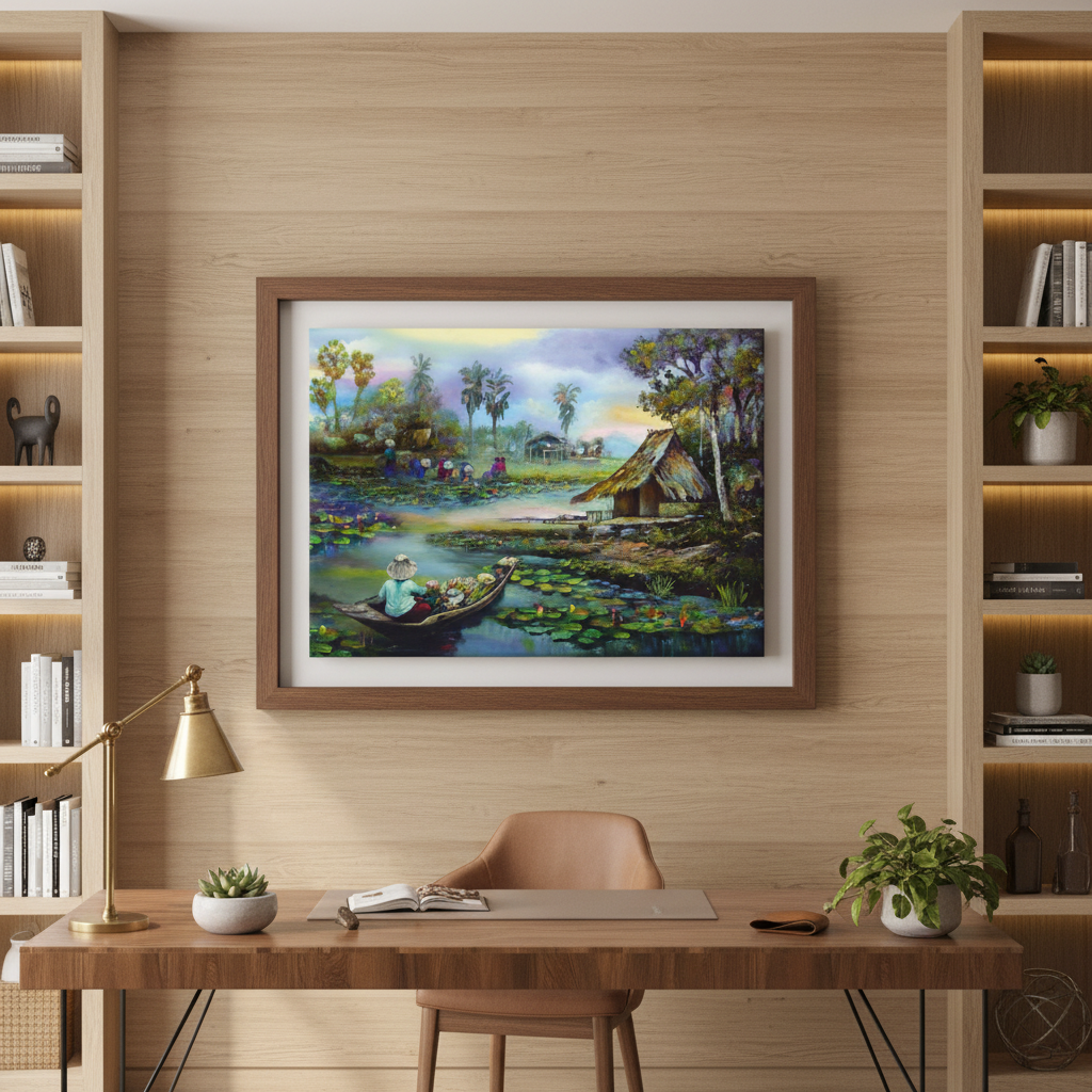 Lotus Village — Serene Pond & Boat Wall Art