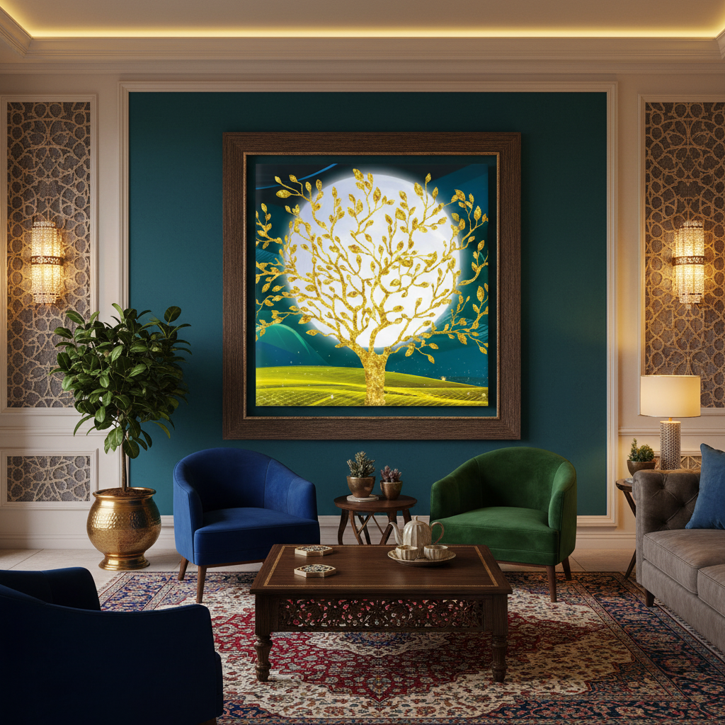 Golden Moon Tree — Teal Luxury Wall Art