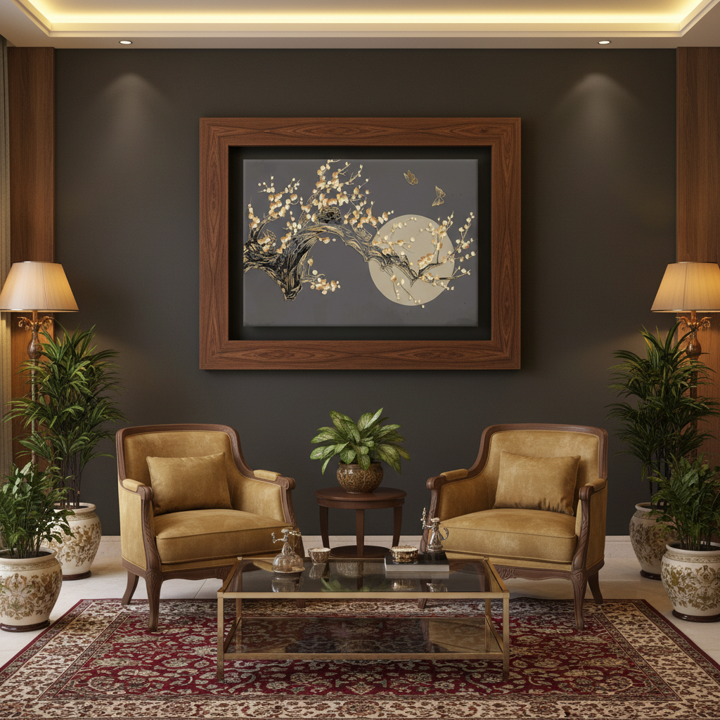 Moonlit Blossom & Golden Birds — Dark Luxury Wall Art