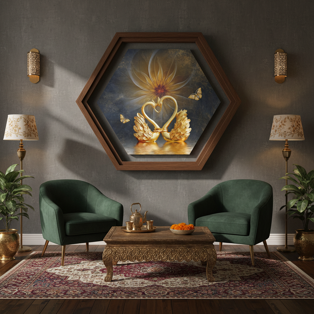 Golden Swan Love — Hexagonal Luxury Wall Art