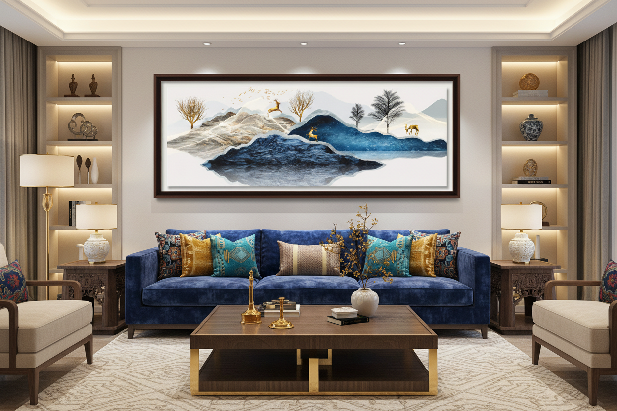 Golden Deer Zen — Chinese Ink Landscape Panoramic Wall Art