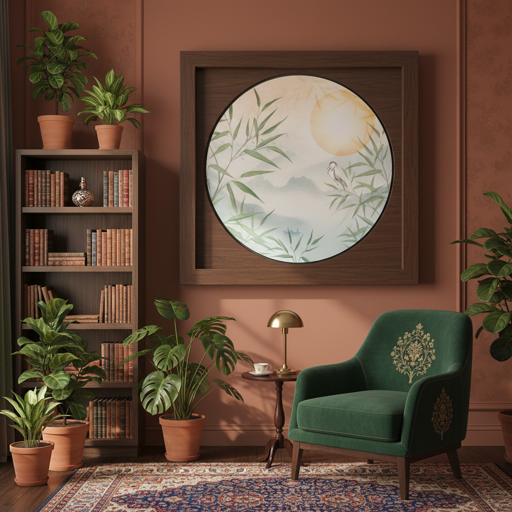 Bamboo Mist & Egret — Circular Asian Wall Art