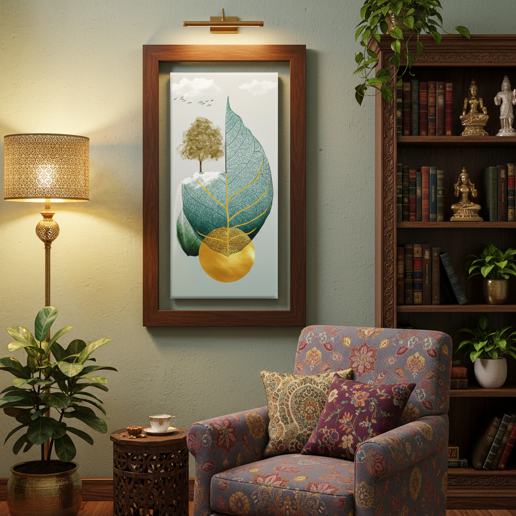 Teal Leaf & Golden Tree — Vertical Luxury Wall Art