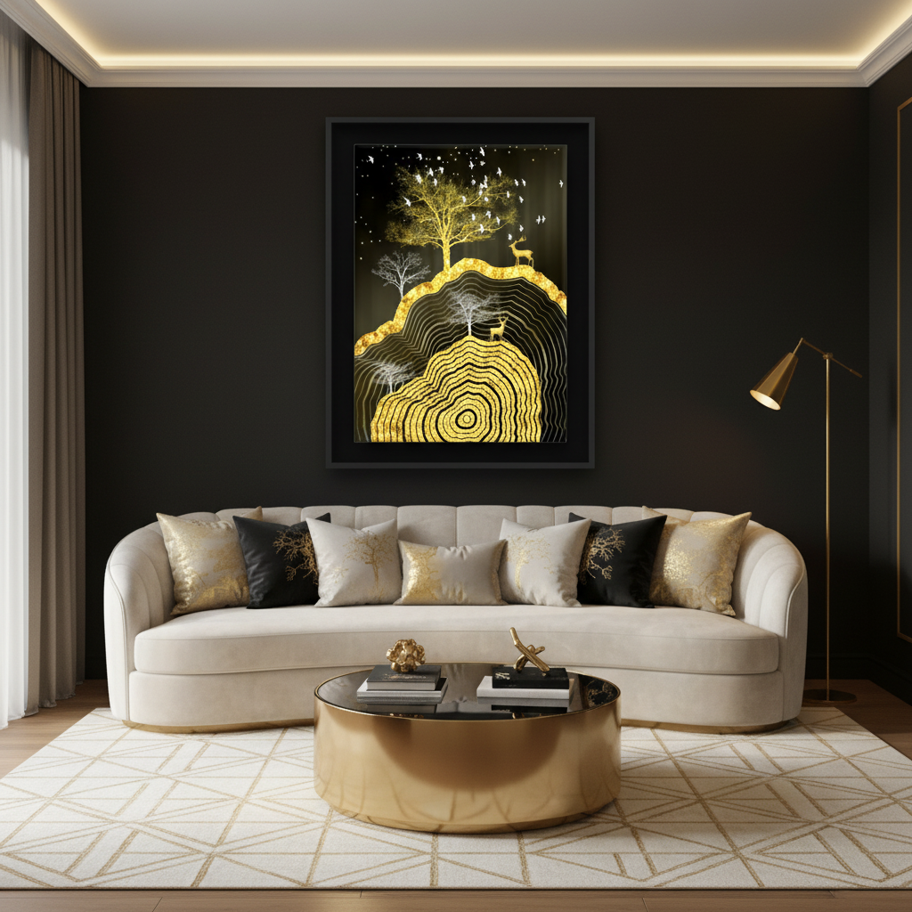 Golden Tree Rings & Deer — Surreal Night Landscape | Single Panel Portrait Canvas Wall Art
