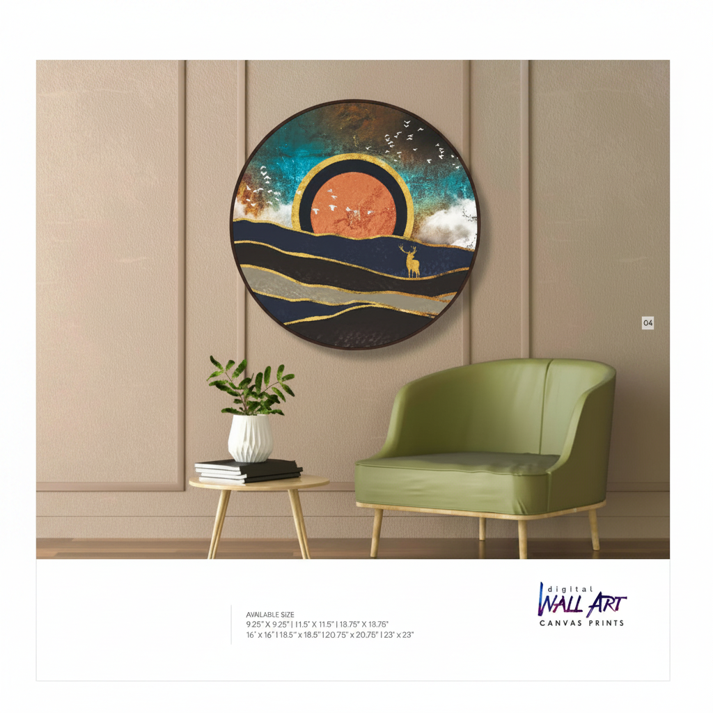 Teal & Gold Abstract Crane Circular Wall Art